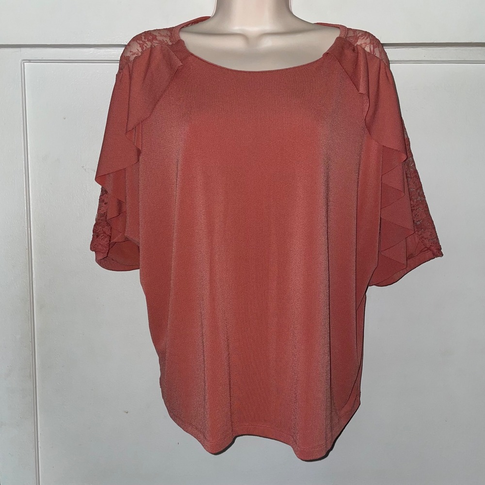 Calligraphie women's XL Coral Lace ruffle‎ short sleeve Blouse